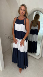 Flowing maxi dress in navy and white