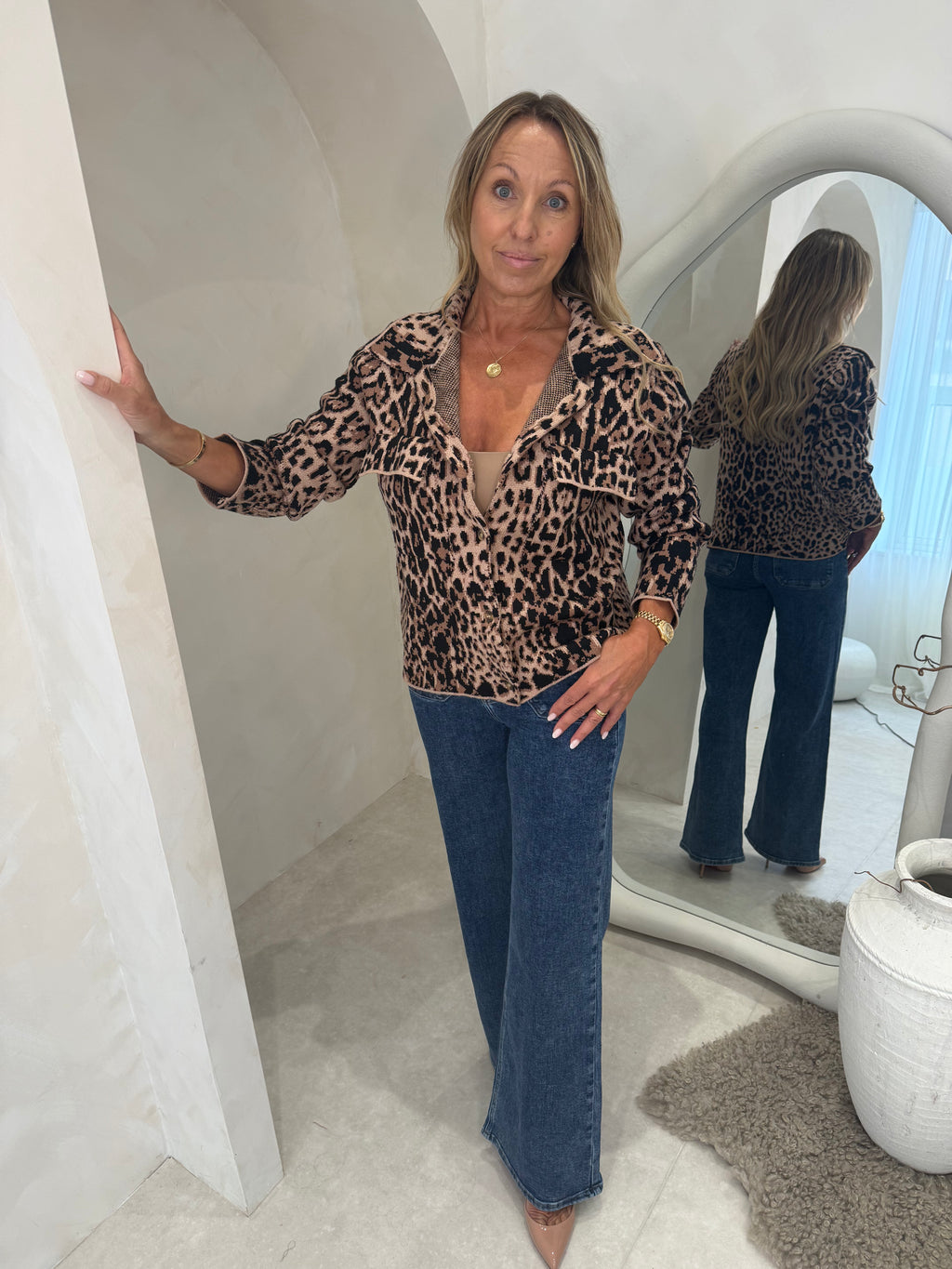 Leopard knitted cardigan in caramel