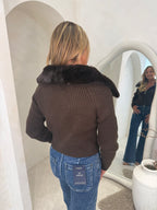 Ribbed cardigan with faux fur in chocolate