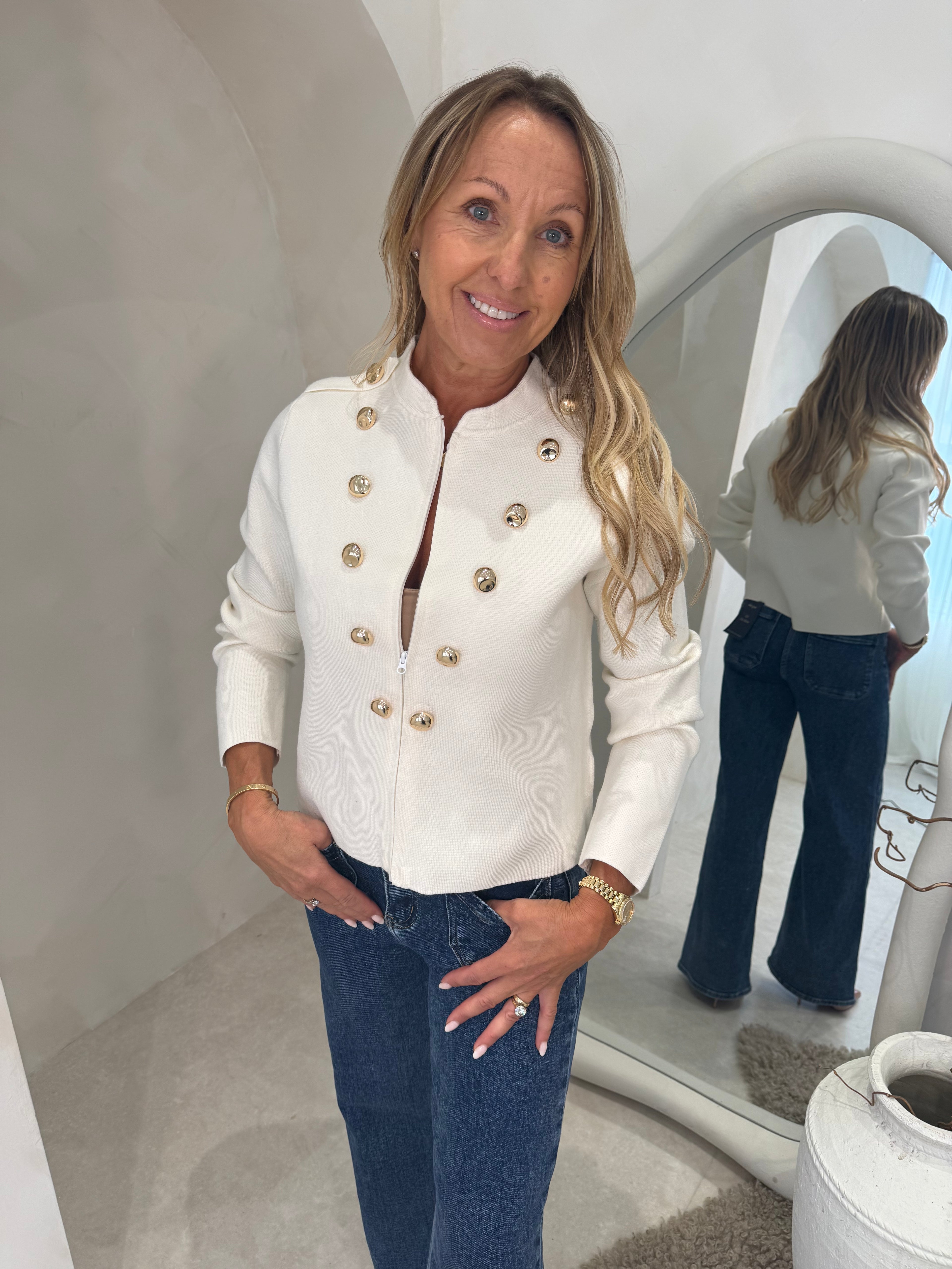 Military style zip up top in cream