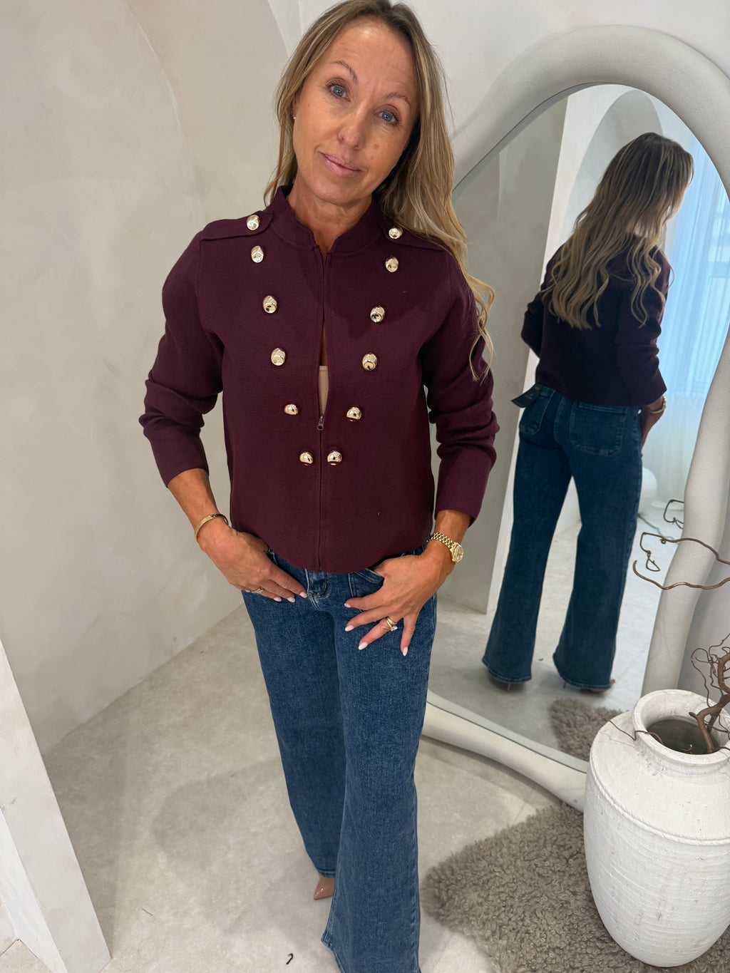 Military style zip up top in burgundy