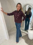Military style zip up top in burgundy