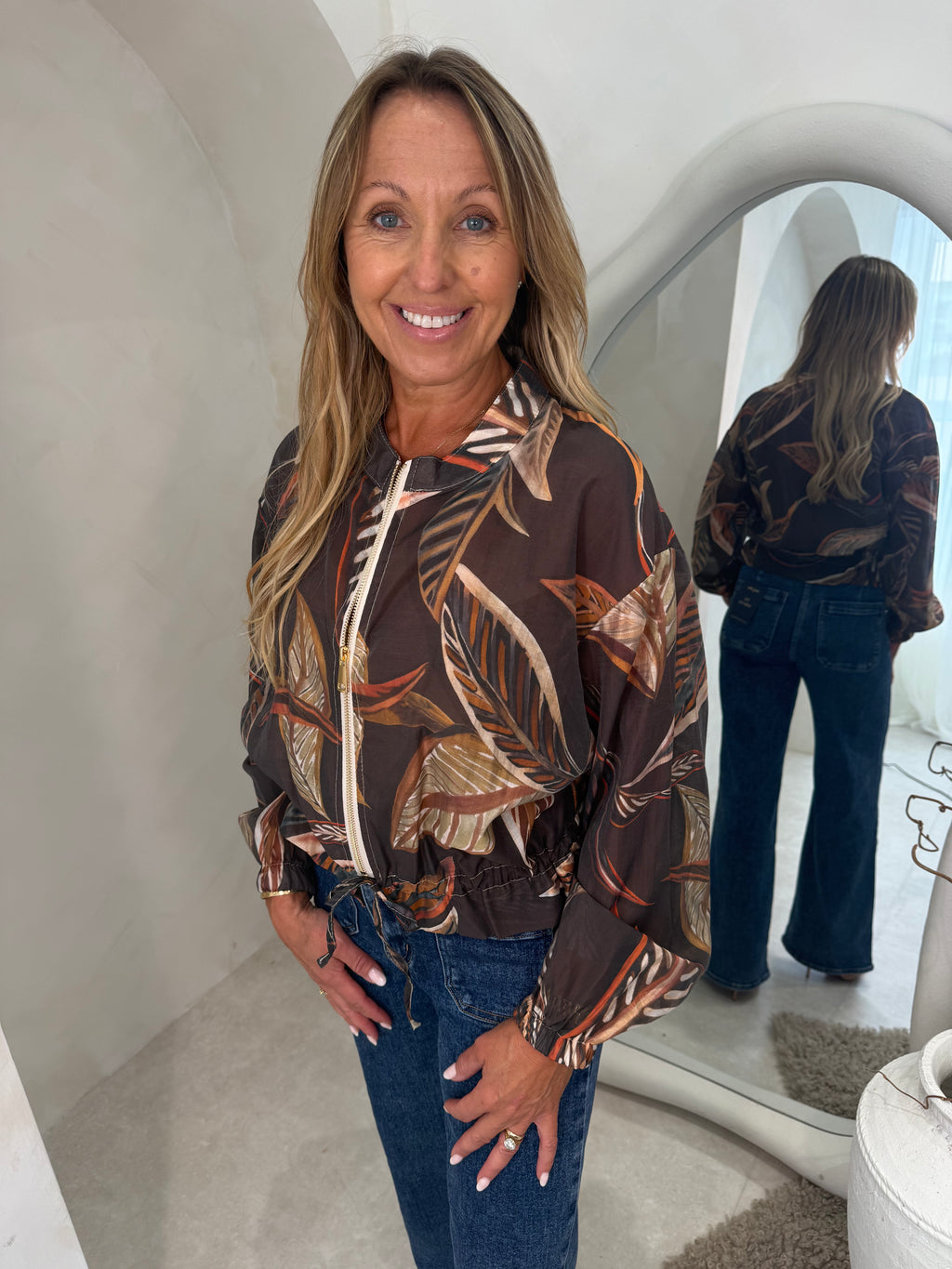 Leaf print jacket in chocolate