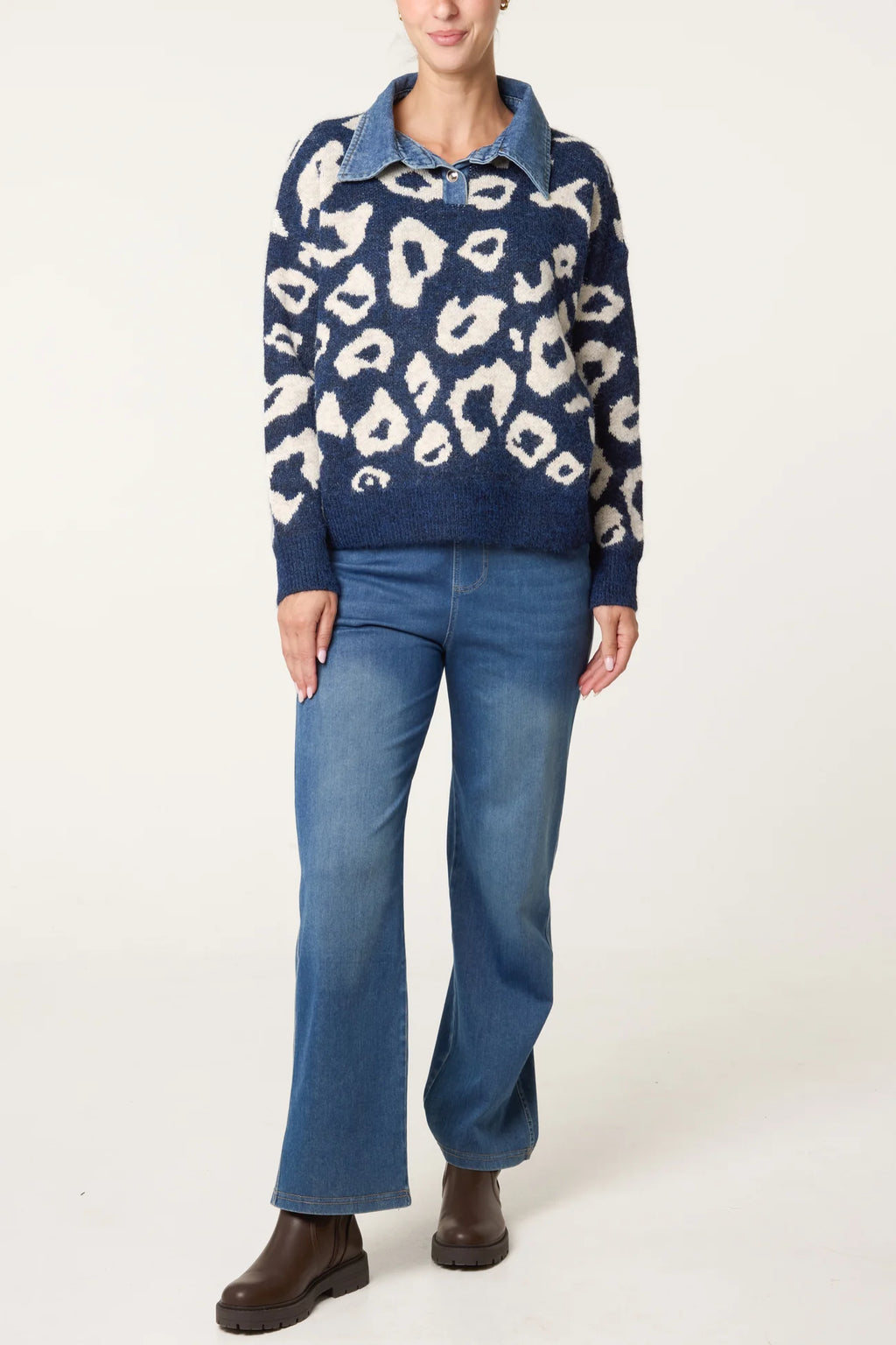 Leopard jumper with denim trim