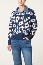 Leopard jumper with denim trim