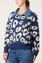 Leopard jumper with denim trim