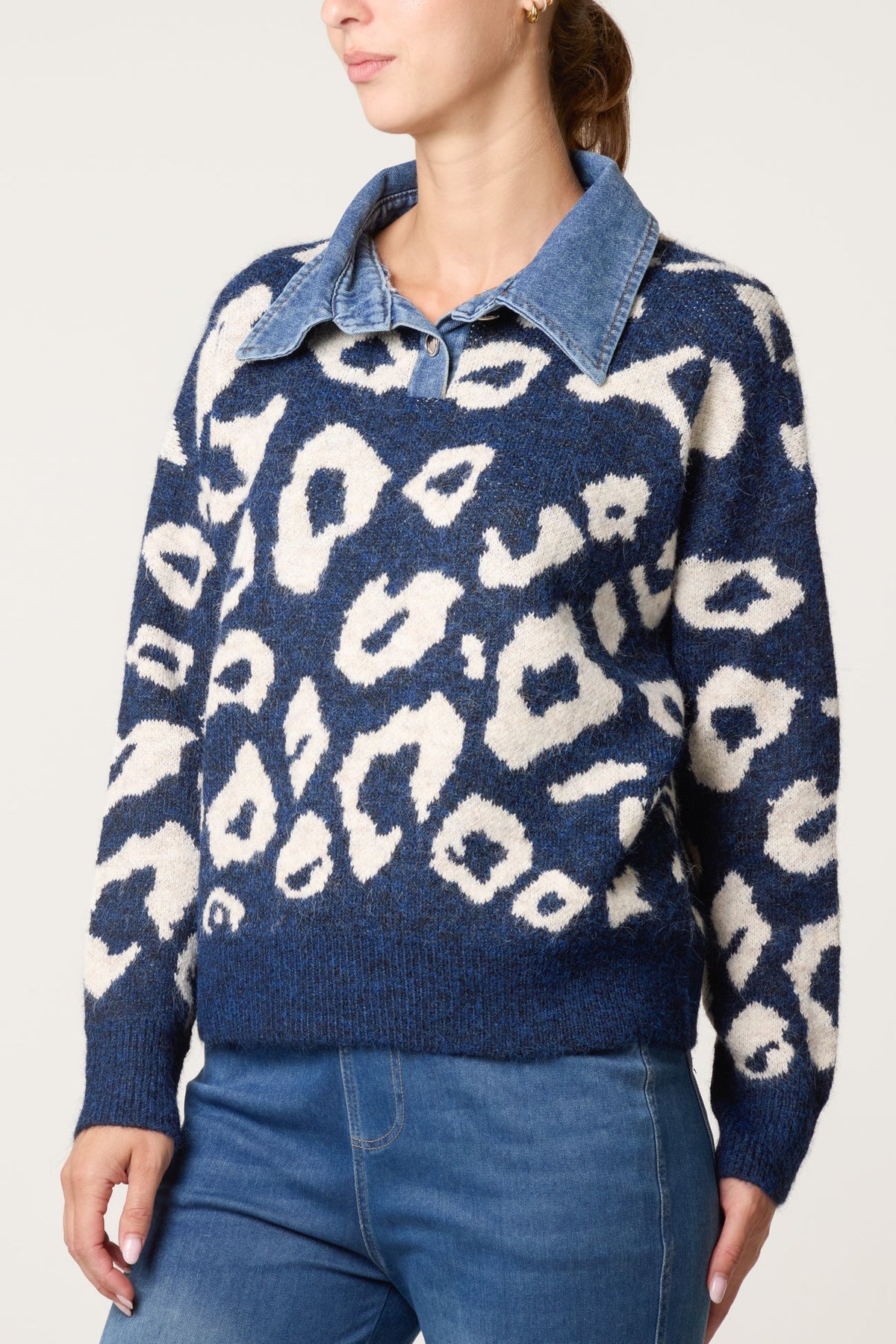 Leopard jumper with denim trim