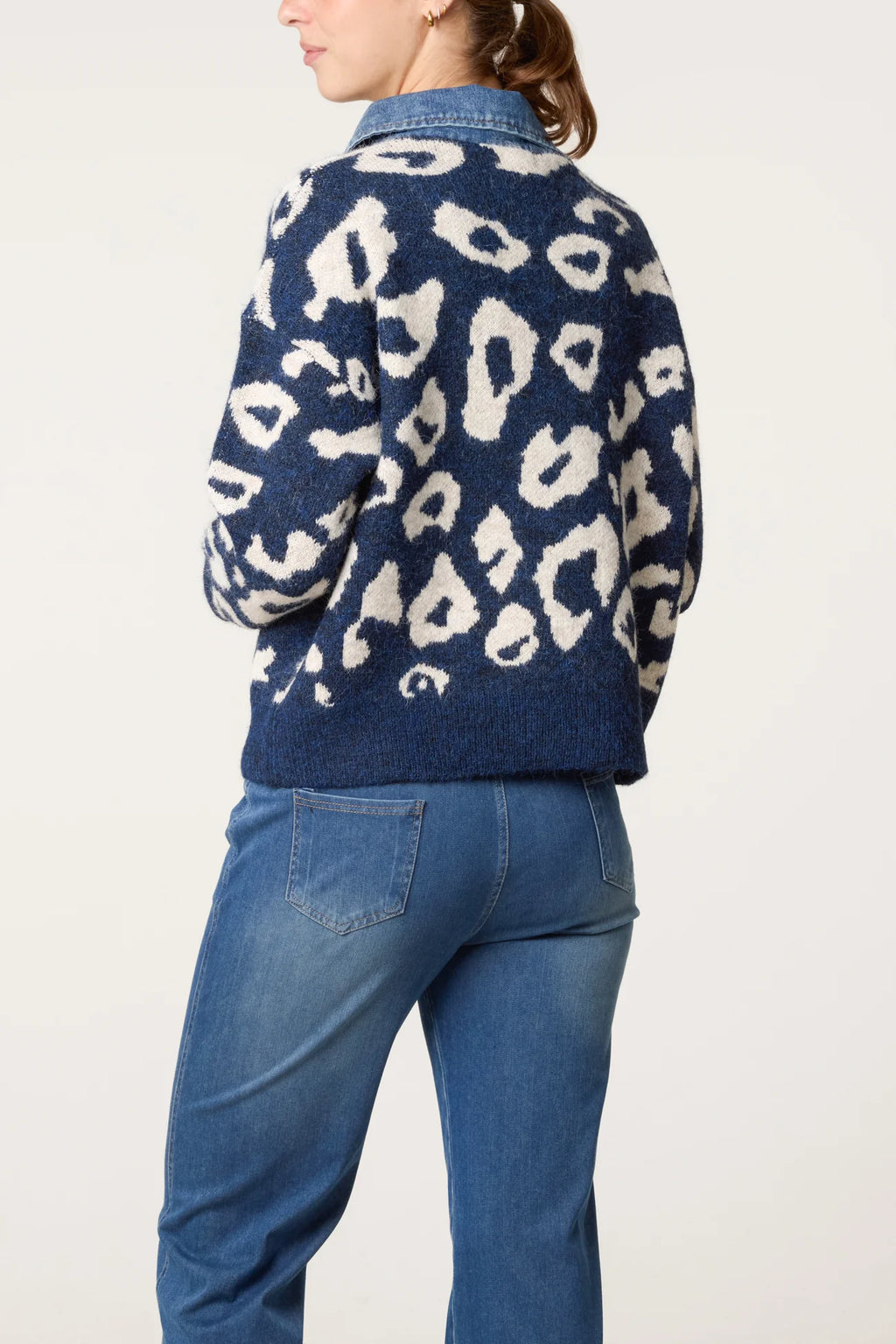 Leopard jumper with denim trim