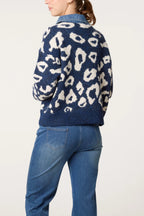 Leopard jumper with denim trim