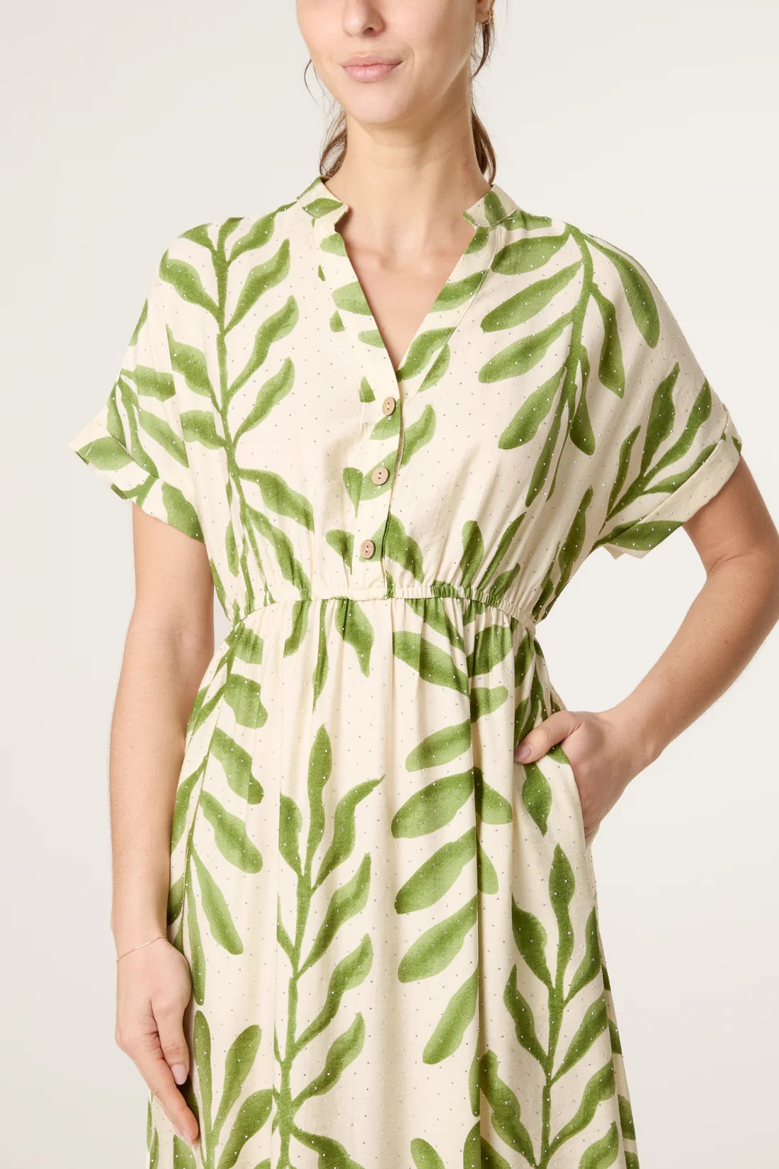 Leaf print dress with diamante