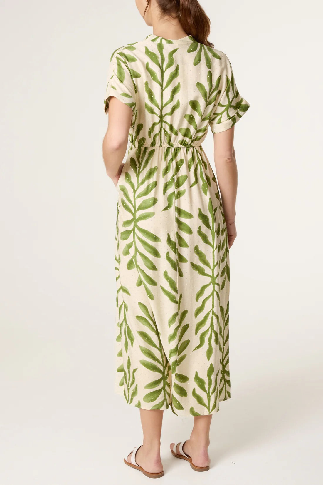 Leaf print dress with diamante